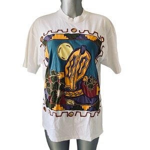 Vintage 80’s Western T Shirt Cowboy Boot Cactus Hand Gel Painted Cowgirl Rodeo L